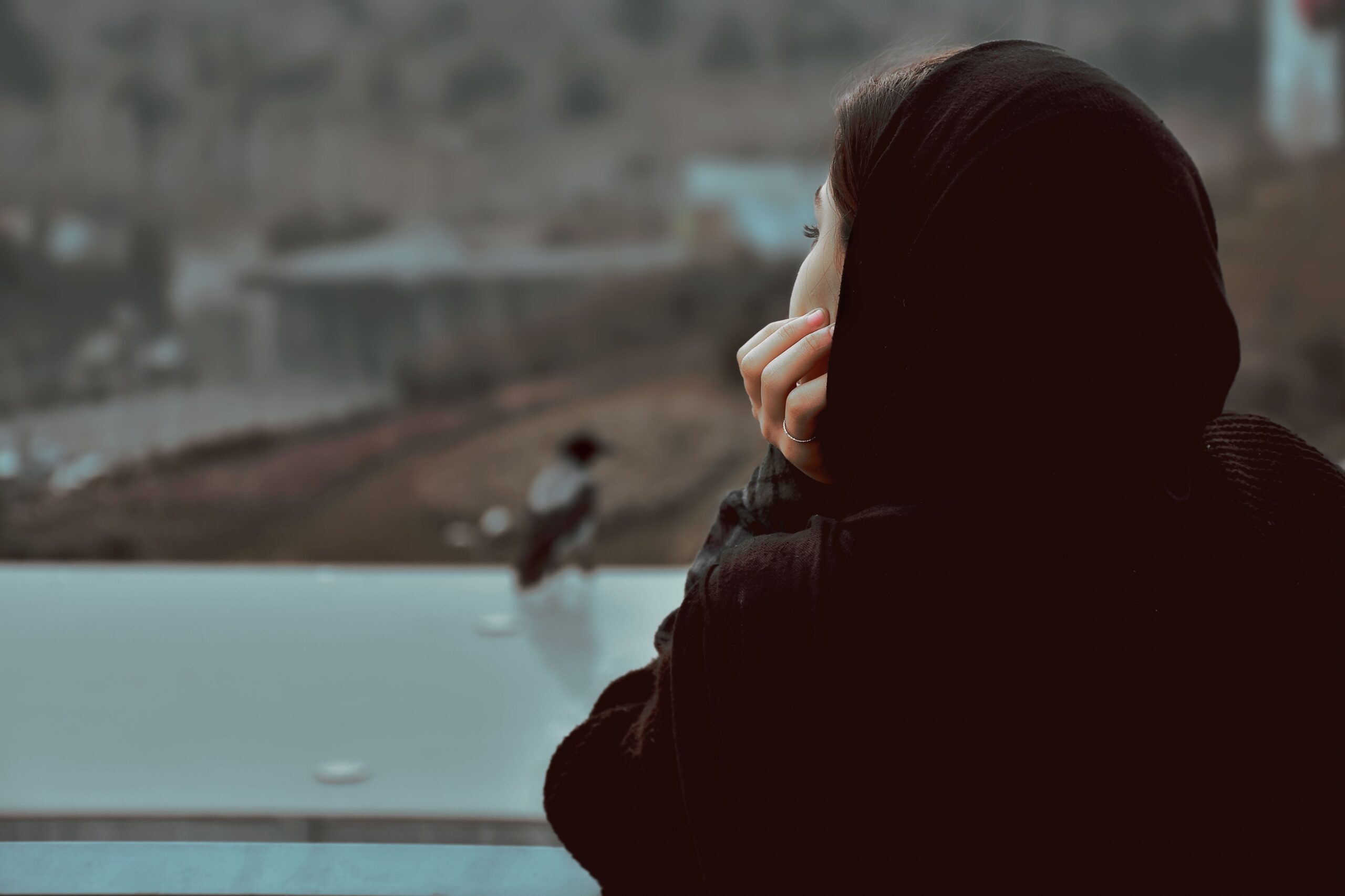 A woman in a black hijab gazes thoughtfully over a distant landscape. Moody atmosphere.